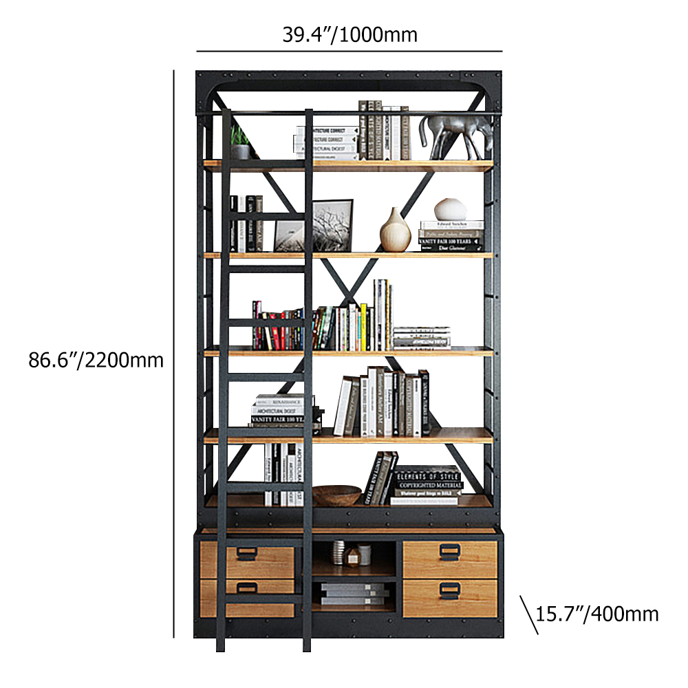 

Industrial Wood Bookshelf 5-Tiered Storage Ladder Bookcase with 4 Drawers