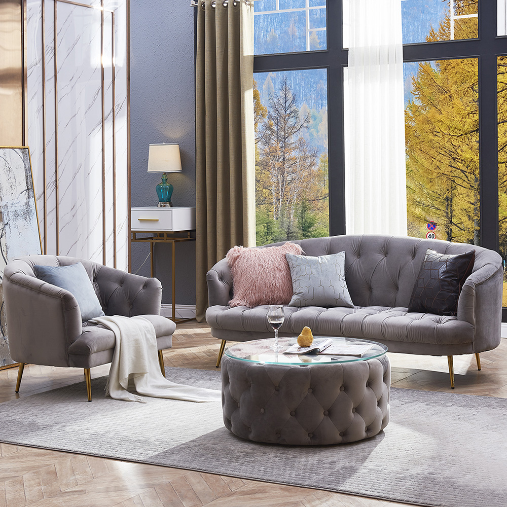 Classic Gray Velvet Living Room Set of 3 Coffee Table with 3-Seater Sofa and Armchair-Homary