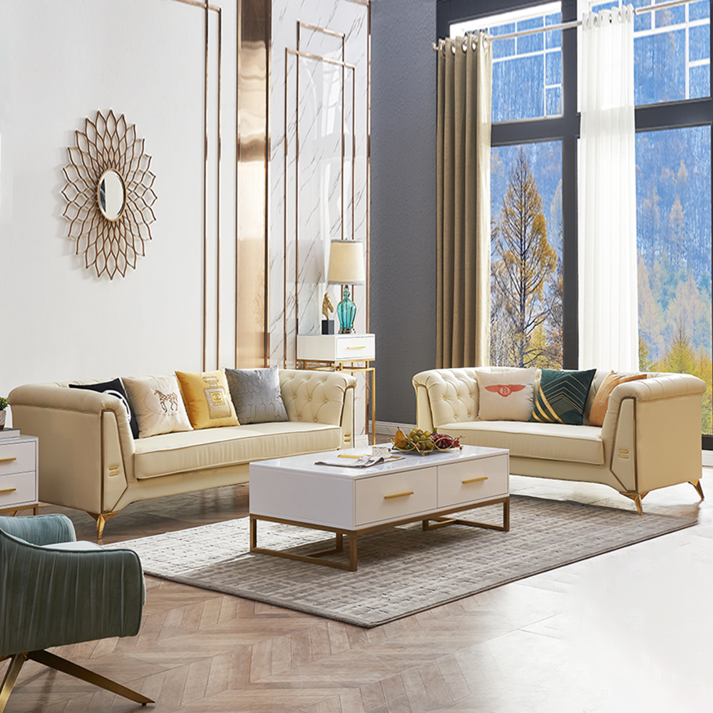 Modern Beige Living Room Set 3-Seater Sofa and Loveseat with Tufted Back & Rolled Arms