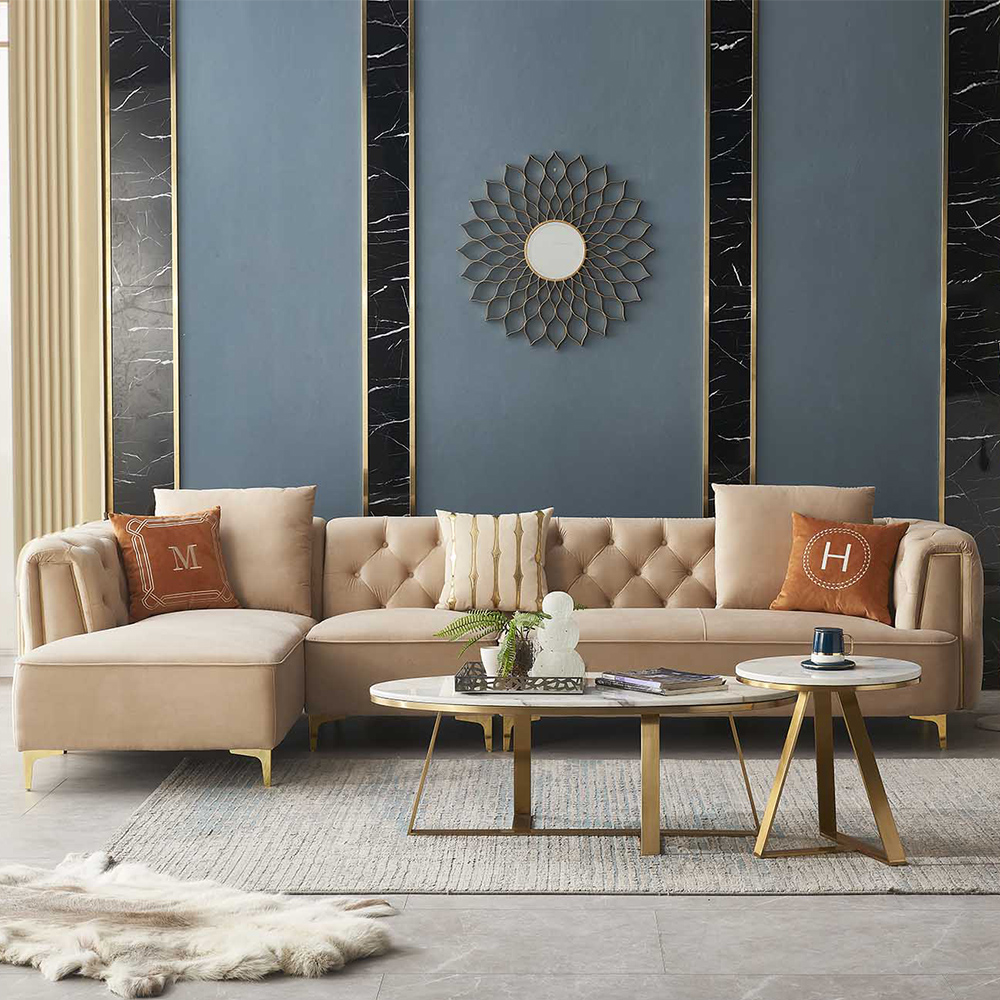 

Contemporary Velvet Upholstered Sectional Sofa with Chaise in Pink