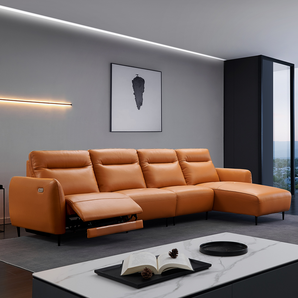 Orange Leather Power Reclining Sectional Sofa & Chaise Right Hand Facing