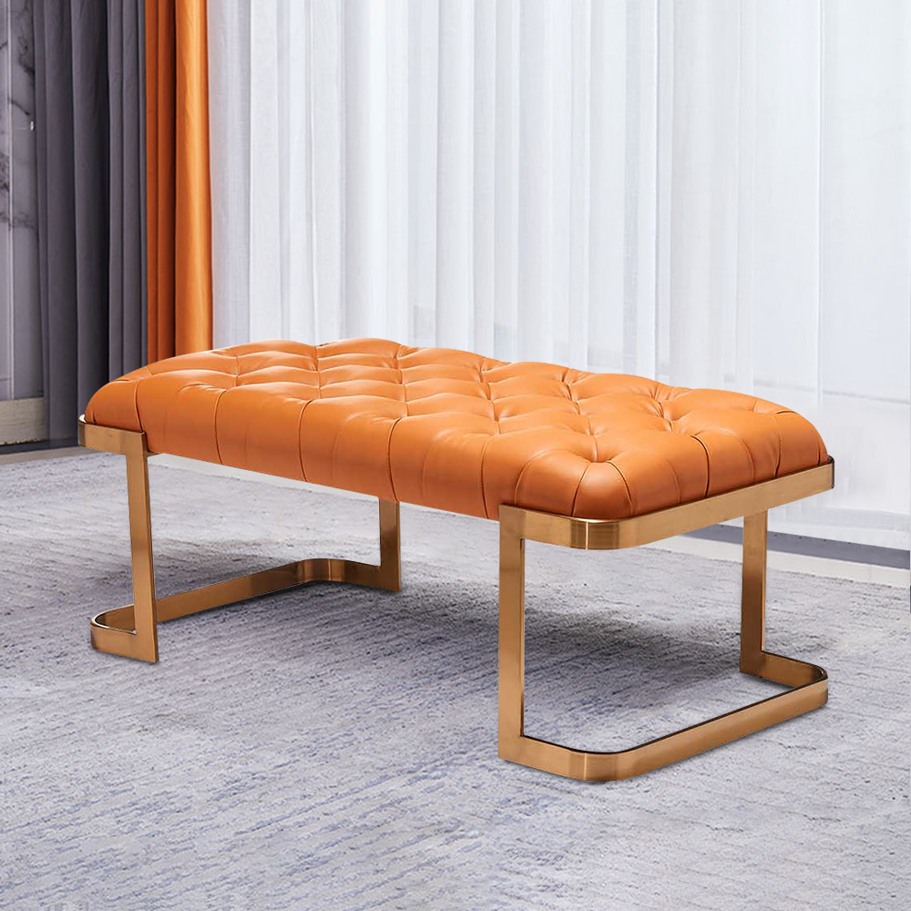 

Orange Entryway Bench in Gold with Tufted Faux Leather Upholstery