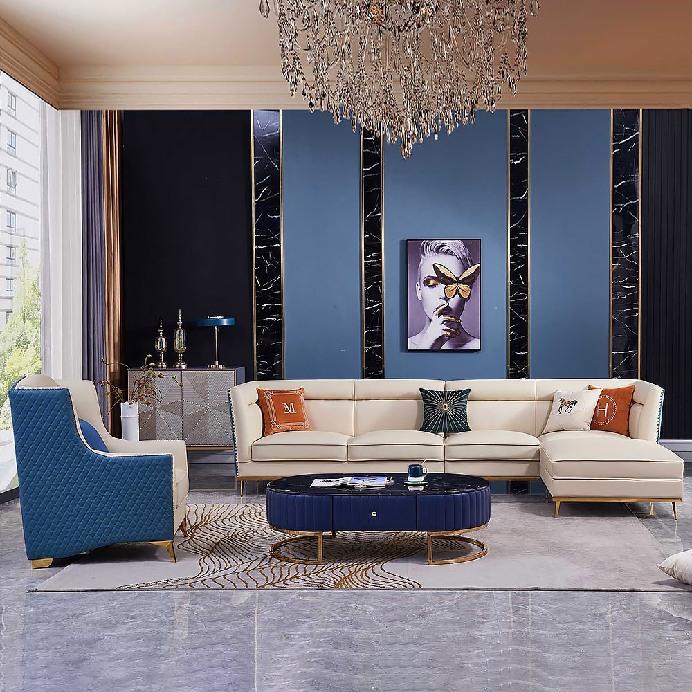 

L-Shaped Faux Leather Sectional Sofa Set of 3 in Blue with Ottoman and Armchair