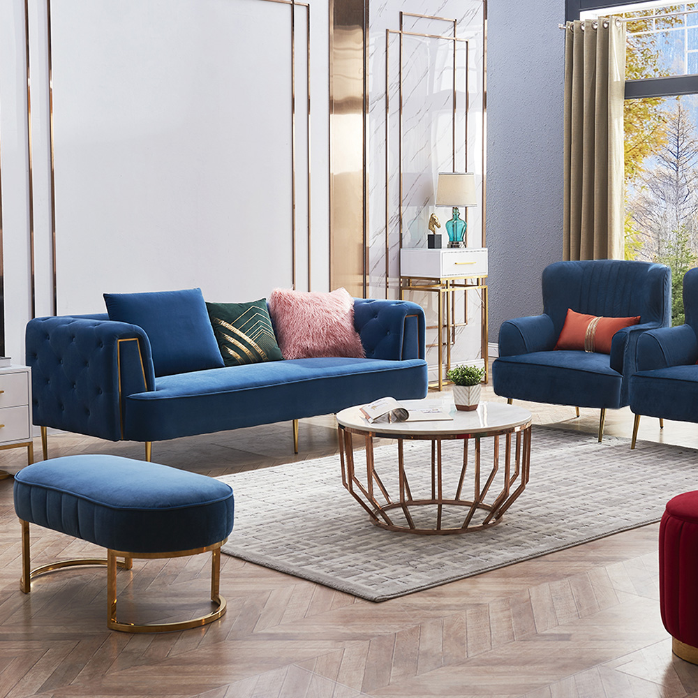

3-Piece Blue Velvet Living Room Set 3-Seater Sofa with Bench and Accent Chair