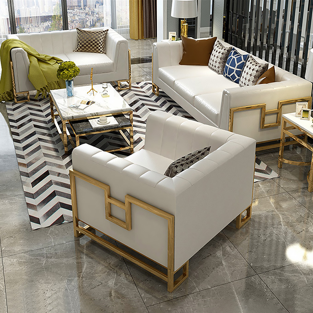 

White Microfiber Leather Living Room Set of 3 Sofa Set with Geometric Frame