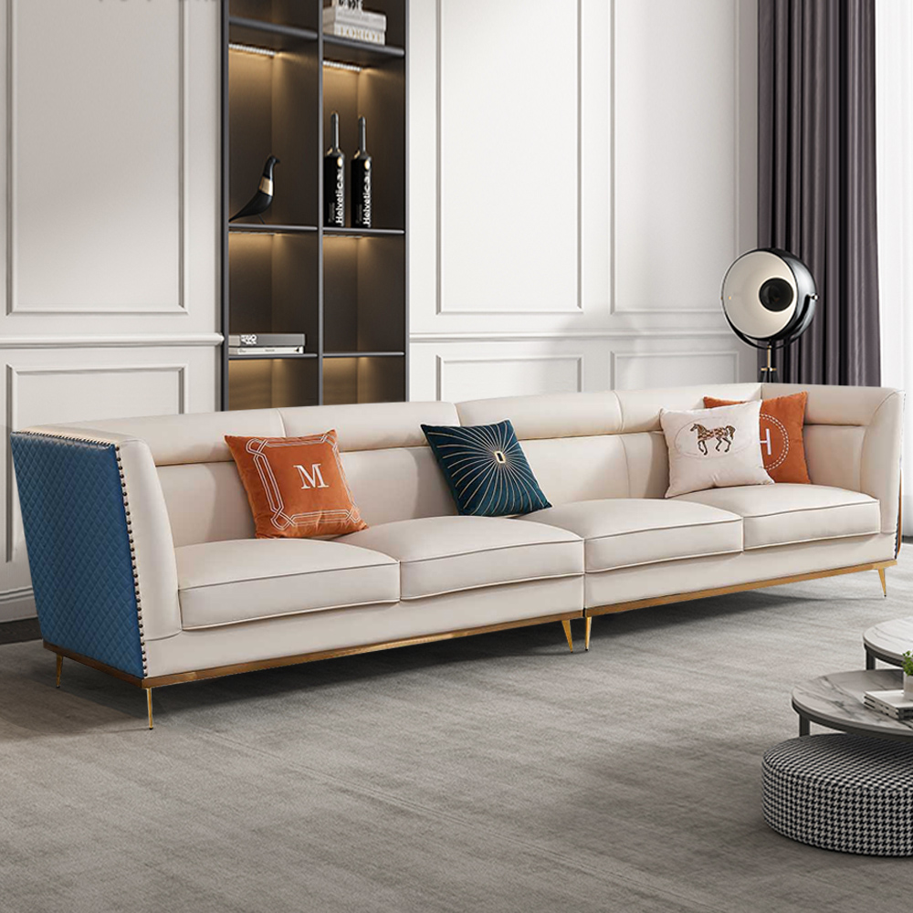

4-Seater Faux Leather Sectional Sofa in Blue with Cushion Back