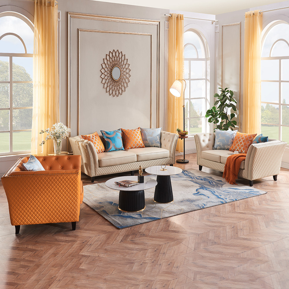 Modern Faux Leather Living Room Set of 3 with Loveseat & Armchair in Beige and Orange