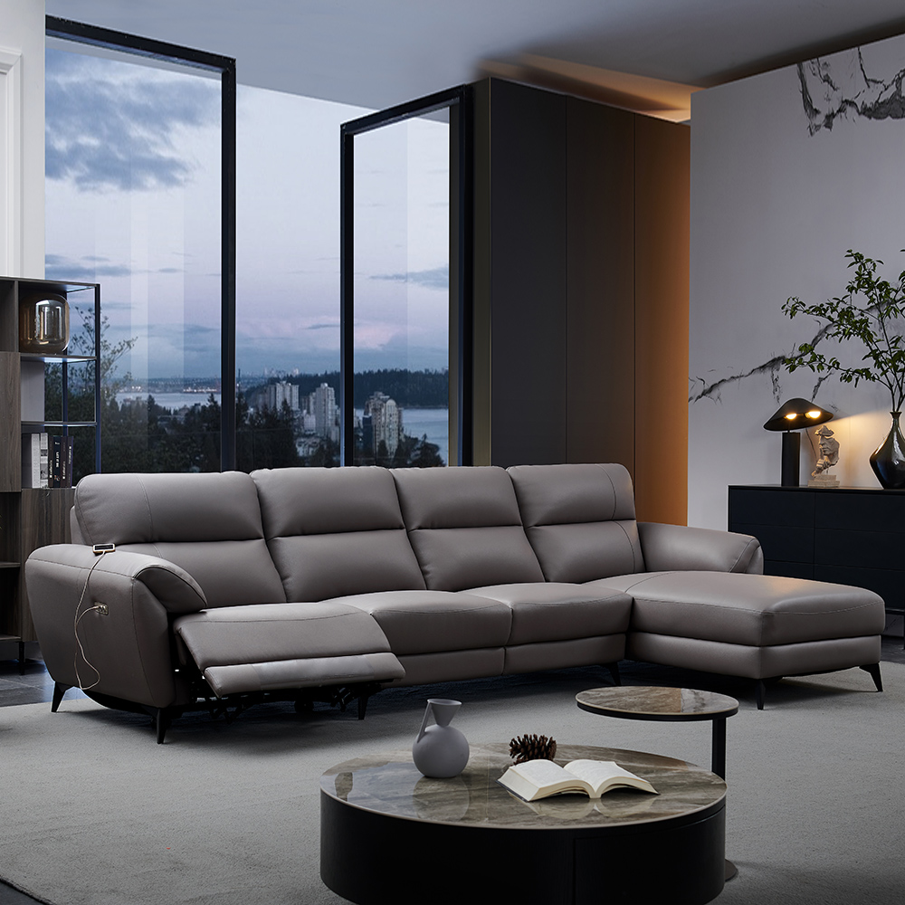 

129.9" Gray Leather Power Reclining Sectional Sofa with Right Chaise