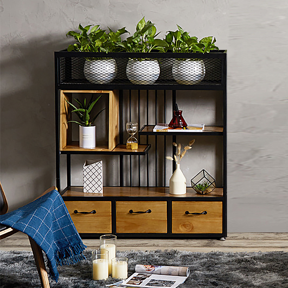 

Black Industrial Bookshelf Metal Frame Display Bookcase with 3 Drawers
