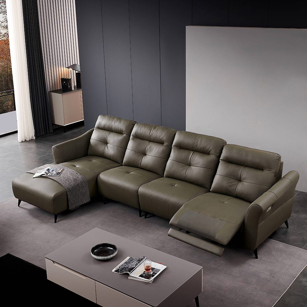 

Green L-Shaped Power Reclining Sofa Leather Upholstered with Left Chaise