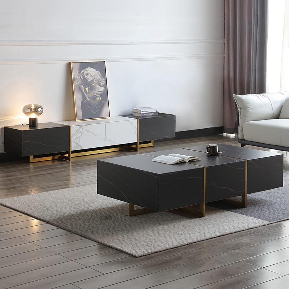 

Minimalist Stone Top TV Stand and Coffee Table Set of 2 in Black & White
