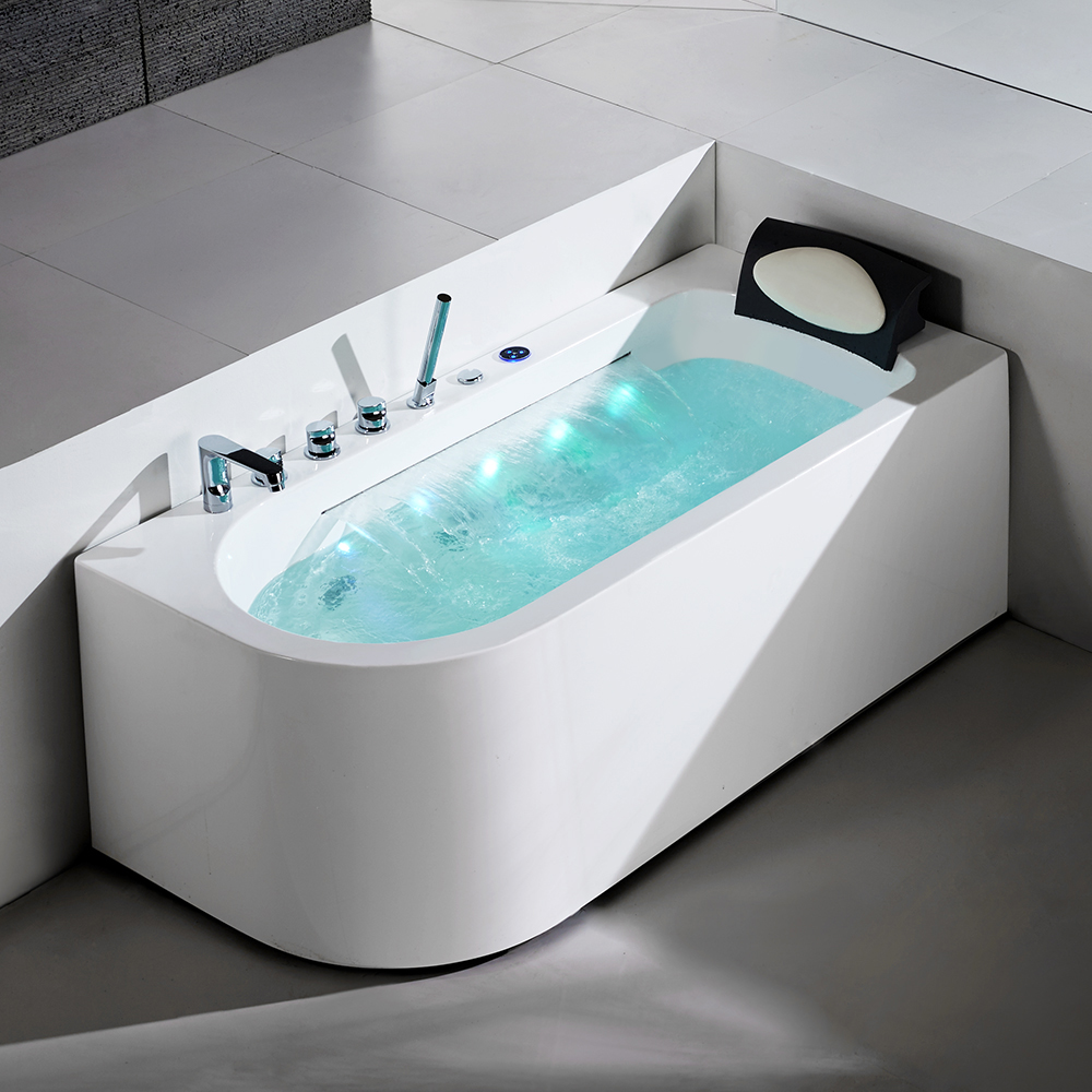 63" Acrylic Led Waterfall Whirlpool Water Massage Bathtub In White With Tub Filler