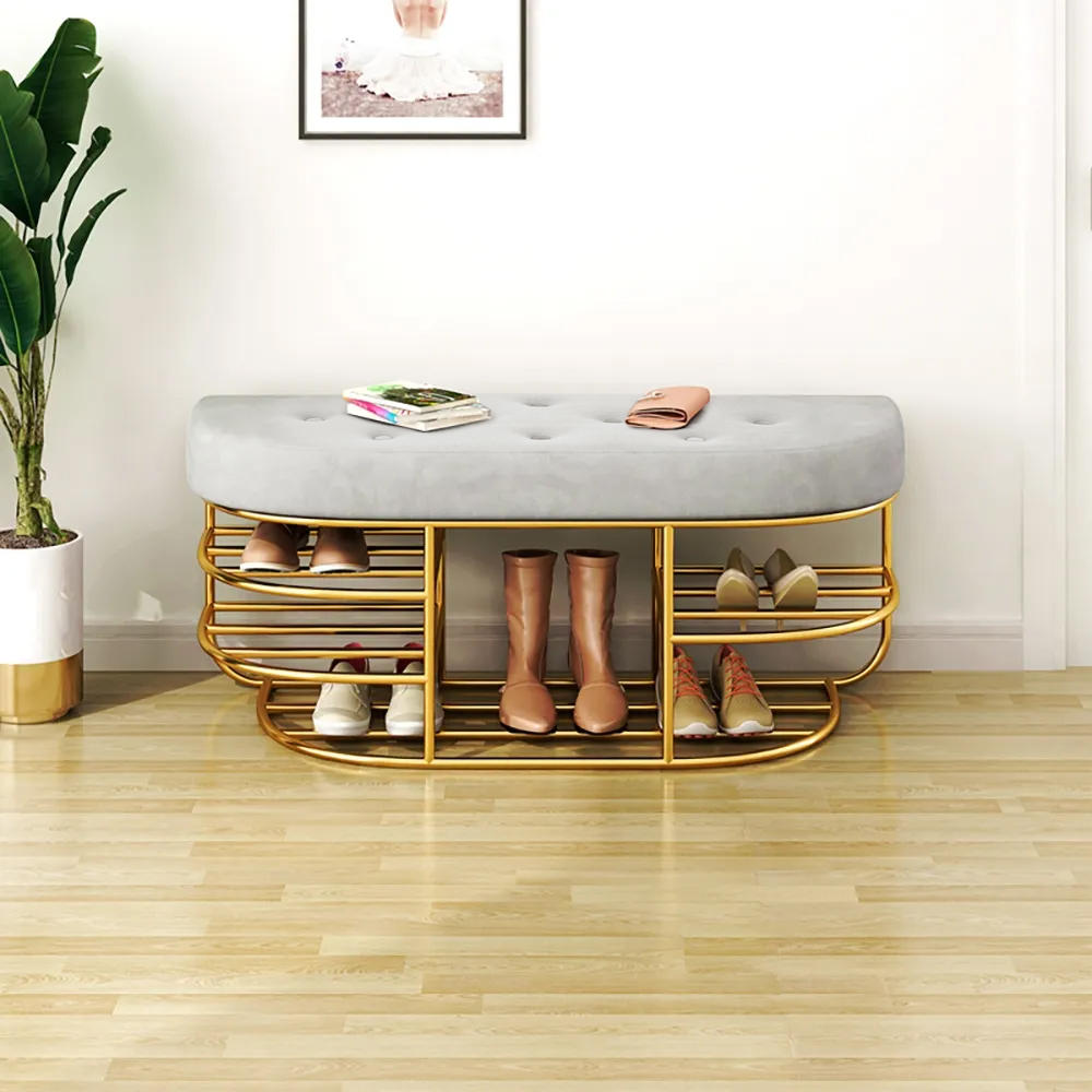 Modern Upholstered Hallway Bench Grey Bench with Shelf Gold