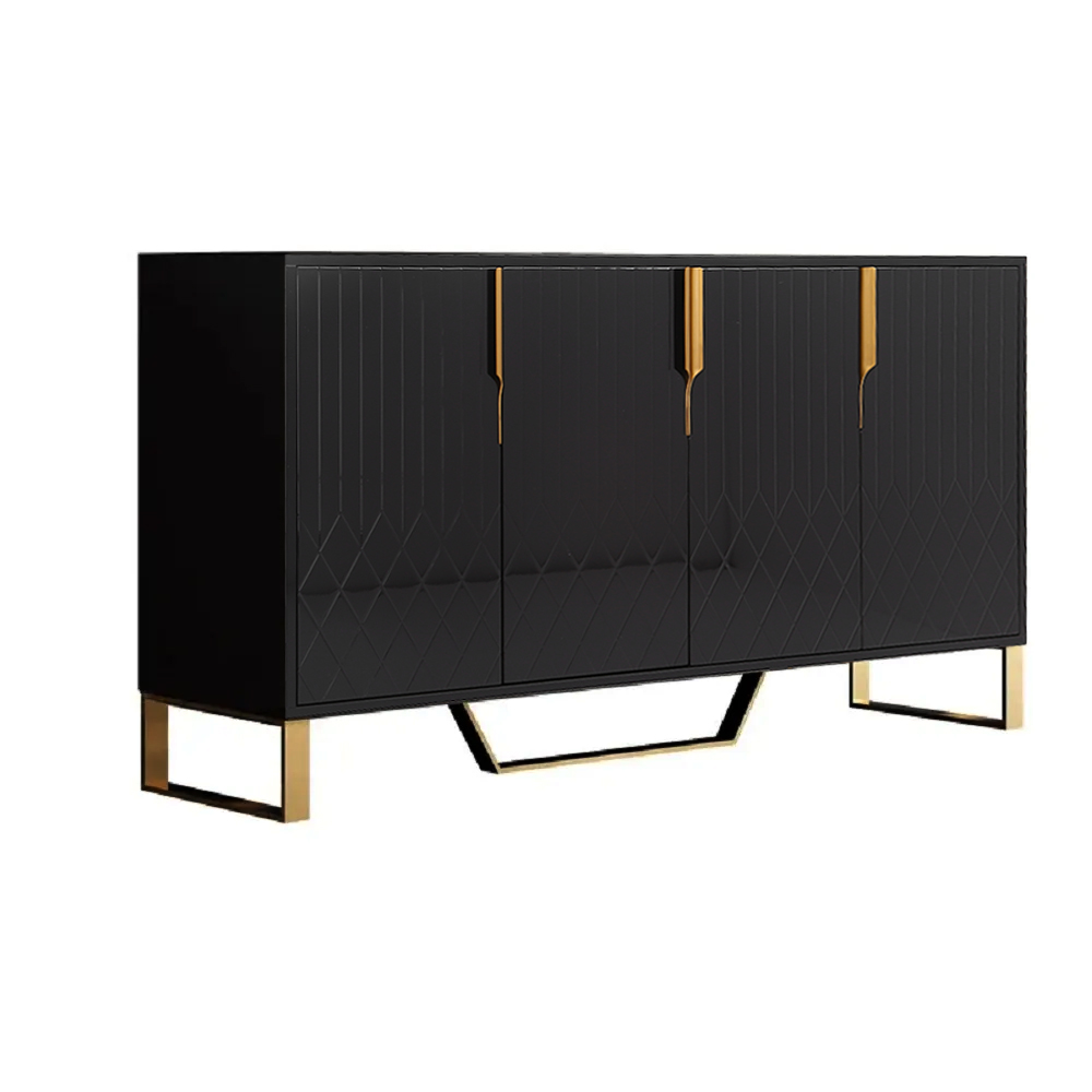 Contemporary Black Wood Sideboard Cabinet 4 Doors for Kitchen Storage 60" Wide
