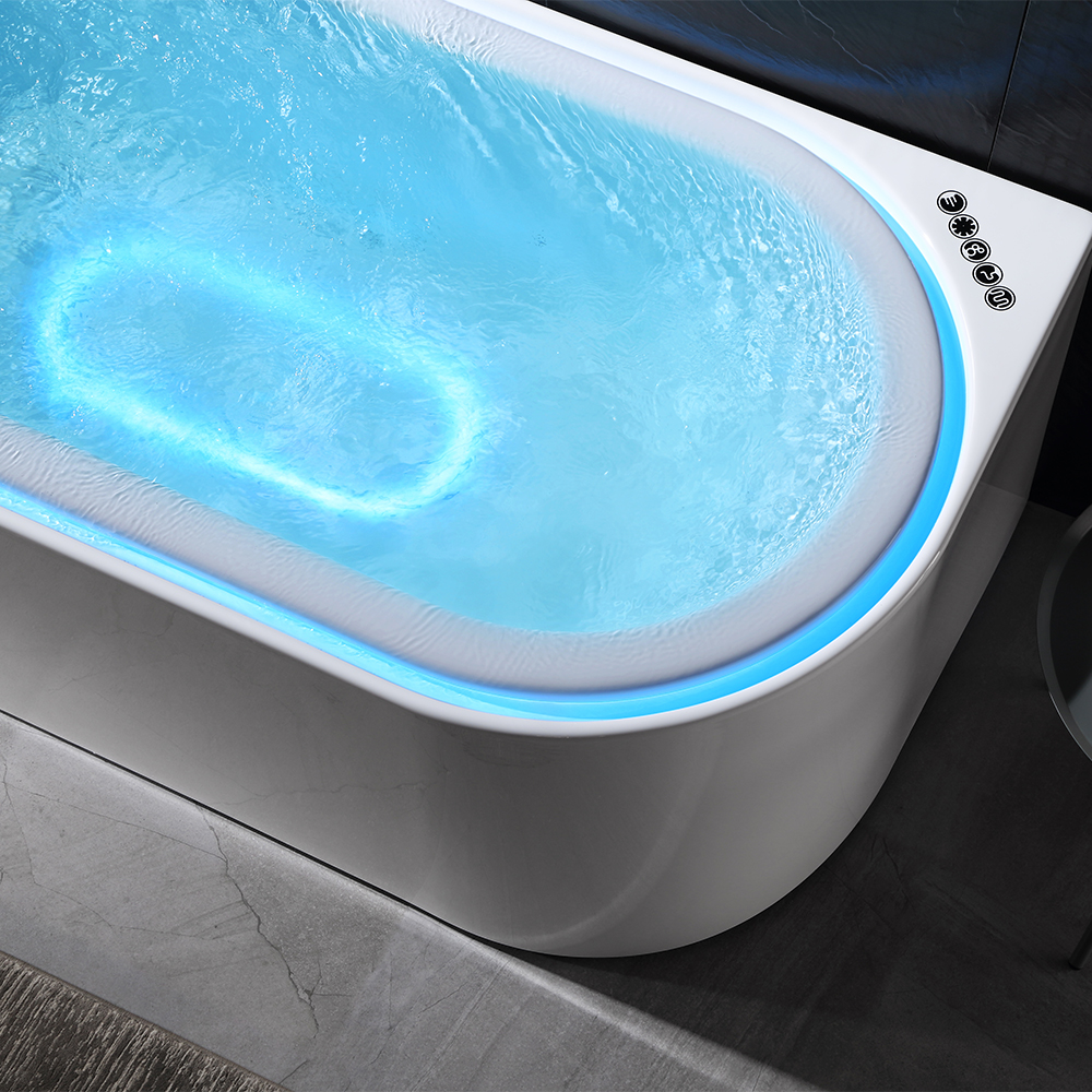 

67" LED Oval Whirlpool Water Massage 3 Sided Apron Stone Resin Bathtub in White