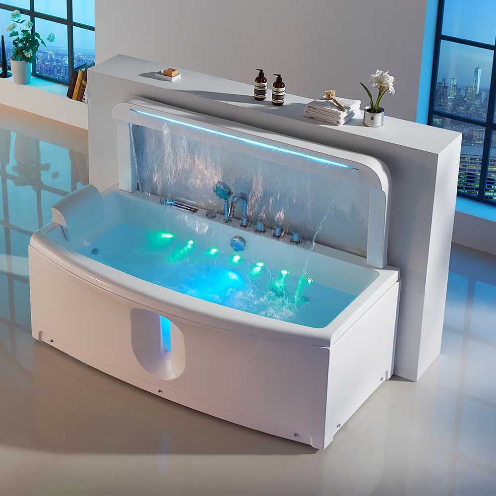 67" Acrylic Led Waterfall Rectangular Whirlpool Water Massage Bathtub With Tub Filler