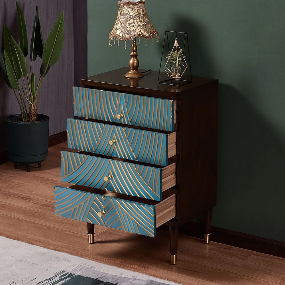 Novel Blue Cabinet Gold-Painted 4-Drawer Chest in Medium