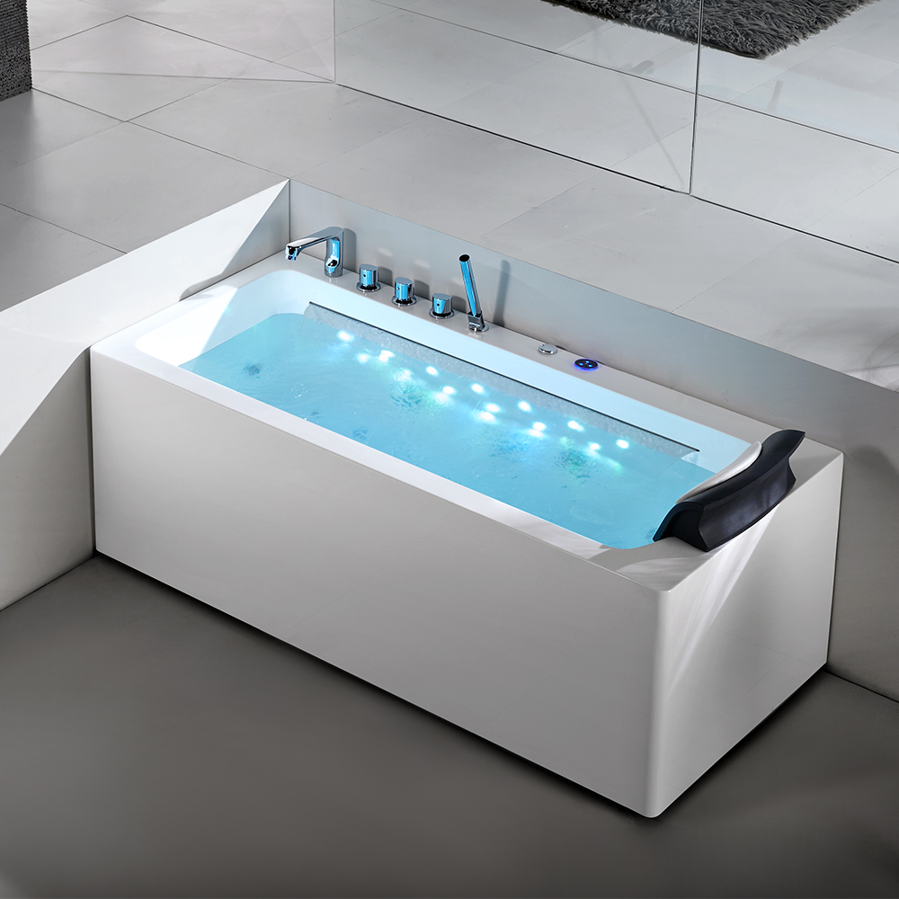 55" Led Waterfall Rectangular Whirlpool Water Massage Bathtub In White With Tub Filler