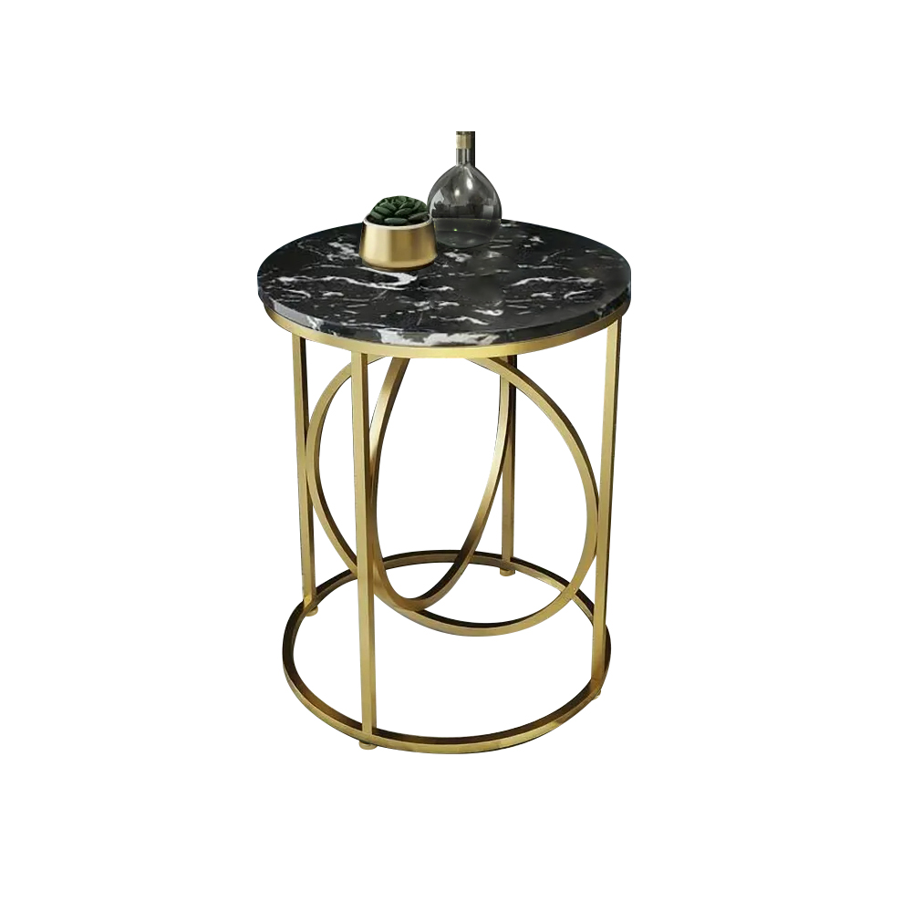 Black Round End Table Marble Top Side Table Metal in GoldHomary