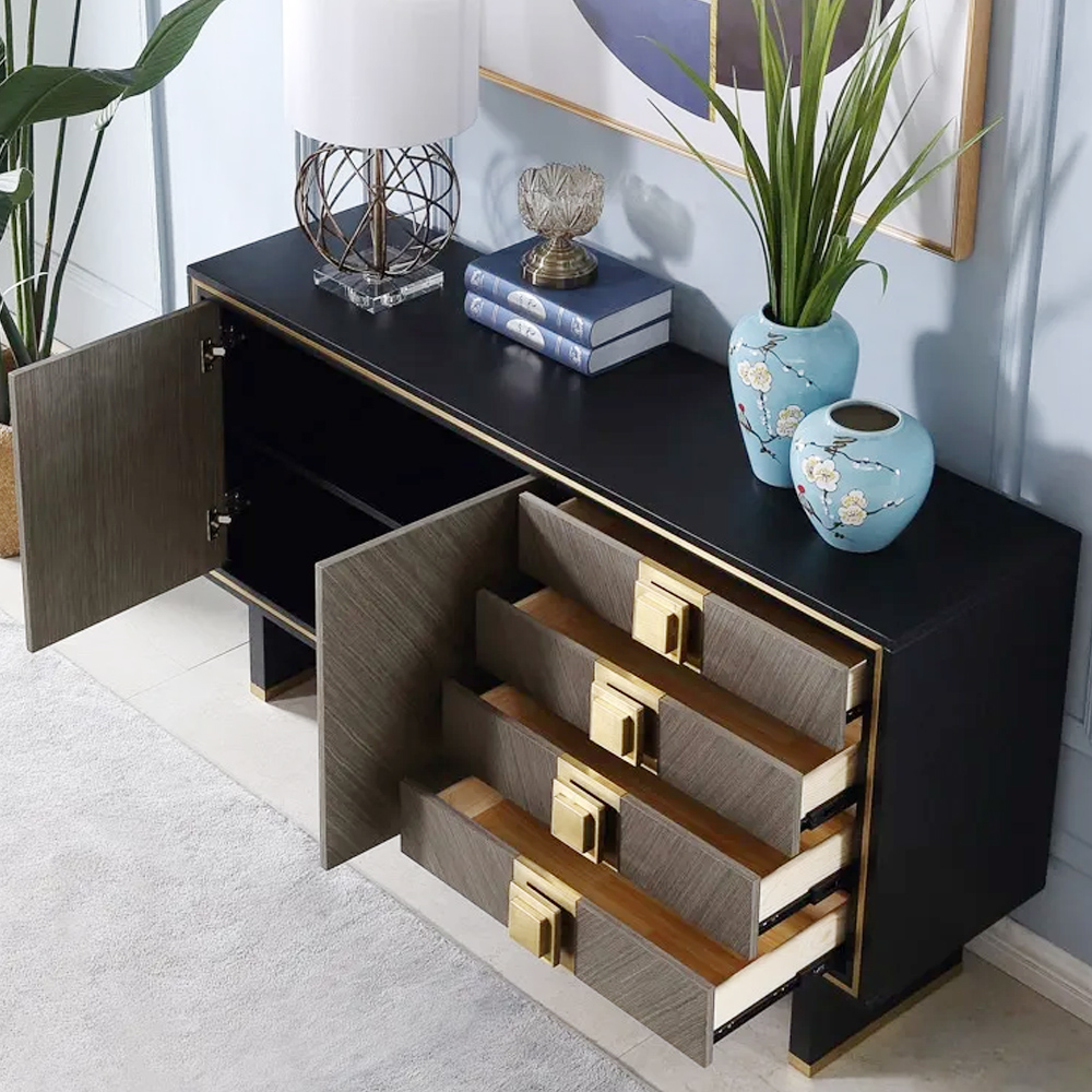 1200mm Sideboard Buffet Glass Top with Storage Modern Sideboard Table with Brass Finish
