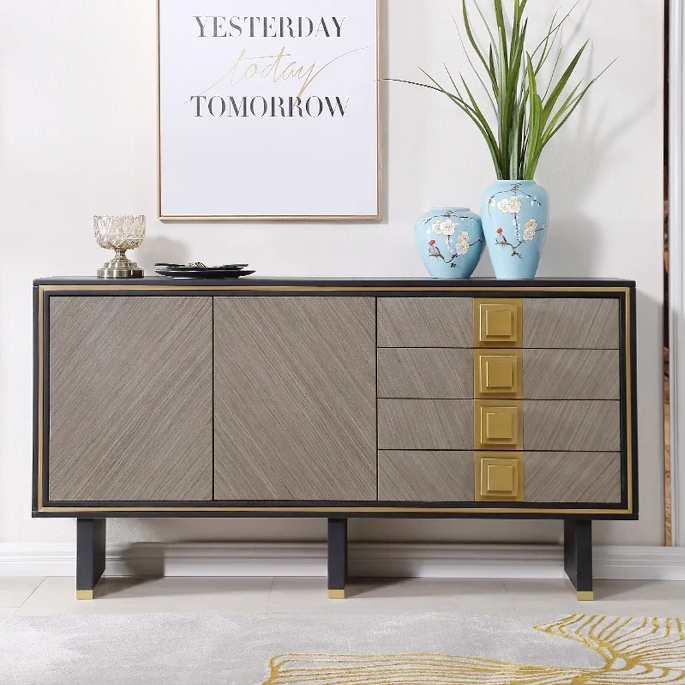 1500mm Sideboard Buffet Glass Top with Storage Modern Sideboard Table with Brass Finish