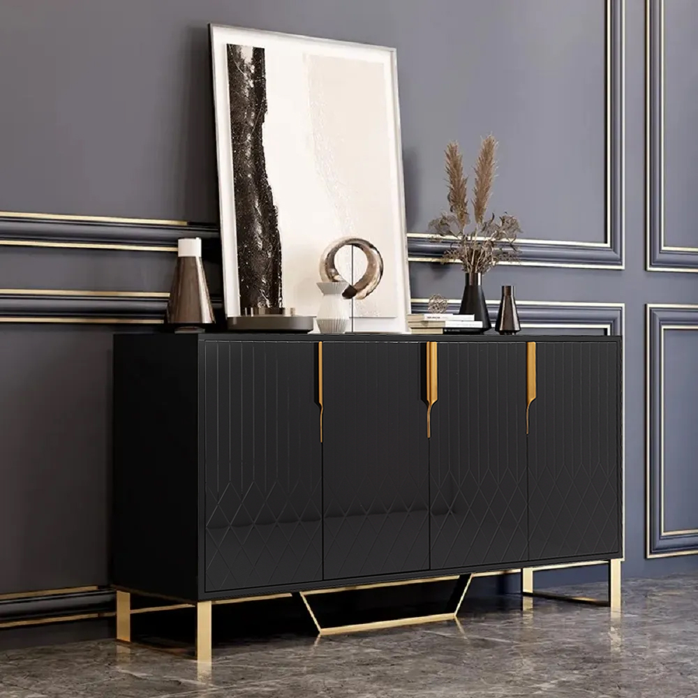 Black Modern 4 Doors Wood Sideboard Buffet Table 1500mm Wide in 3 Storage with 4 Hands