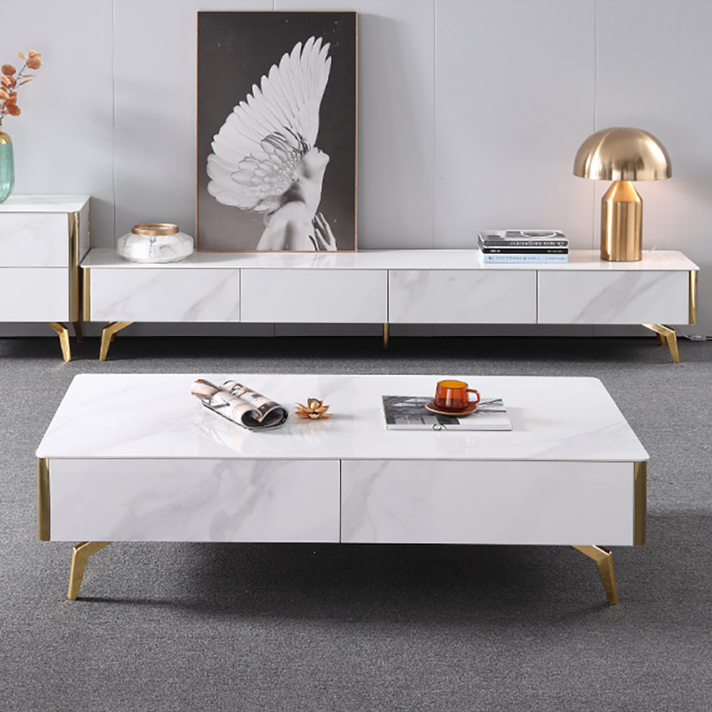 

Modern White Stone Top Coffee Table and TV Stand Set of 2 with Golden Base
