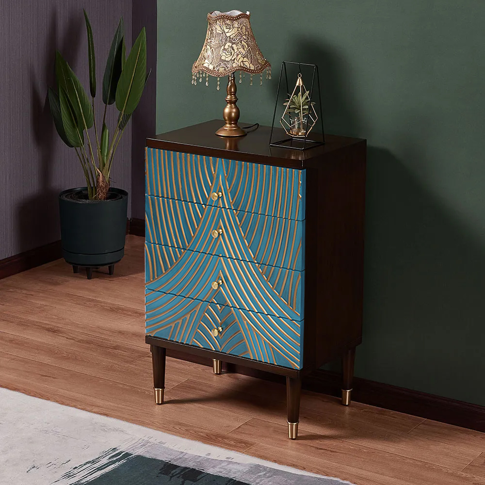 Novel Blue Cabinet Gold-Painted 4-Drawer Chest in Medium