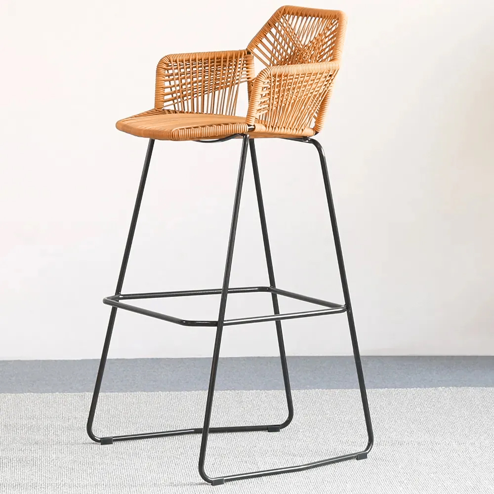 Image of PE Rattan Bar Stool with Geomeric Back Counter Stools with Footrest Set of 2