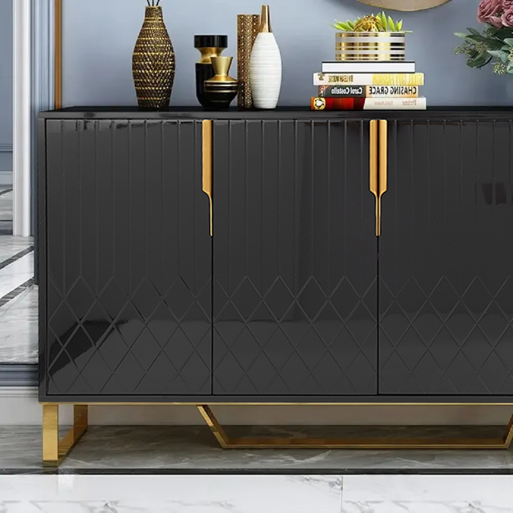 Contemporary Black Wood Sideboard Cabinet 4 Doors for Kitchen Storage 60" Wide