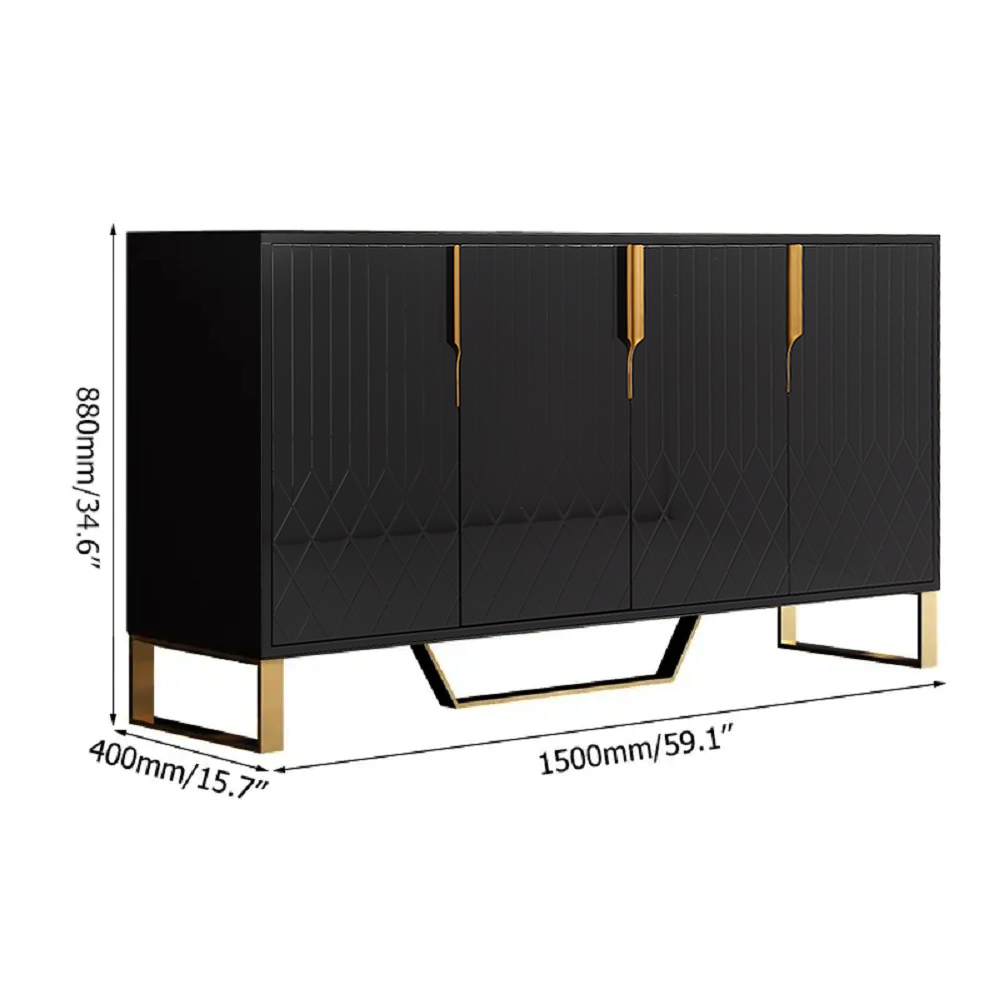Aparador moderno de madera negra con 4 puertas para almacenamiento de cocina, 60 pulgadas de ancho