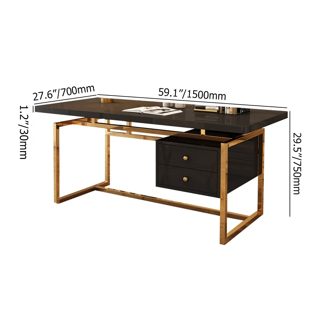 1500mm Black Writing Desk Modern Computer Desk with 2-Drawer in Gold