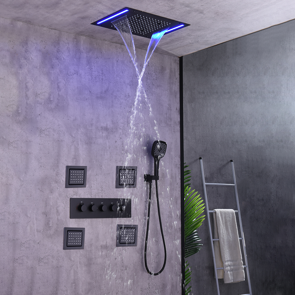 20'' Wall-Mounted LED Thermostatic Shower System with Waterfall Rain & 4 Body Jets