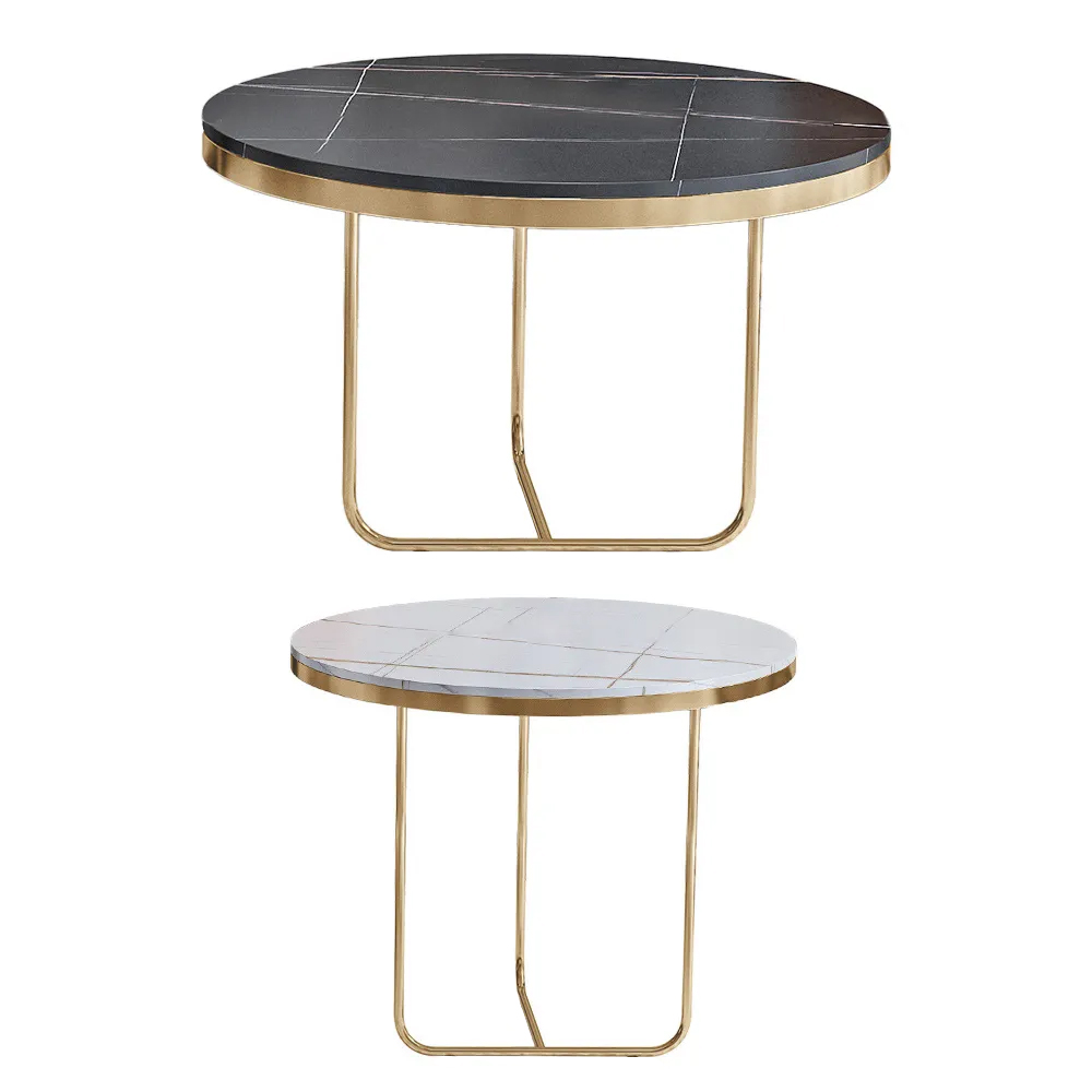 Ensemble de table basse ronde moderne 2 pièces avec dessus en pierre noire et blanche avec base dorée