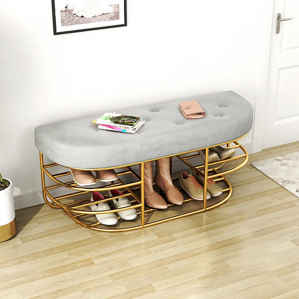 Modern Upholstered Hallway Bench Grey Bench with Shelf Gold