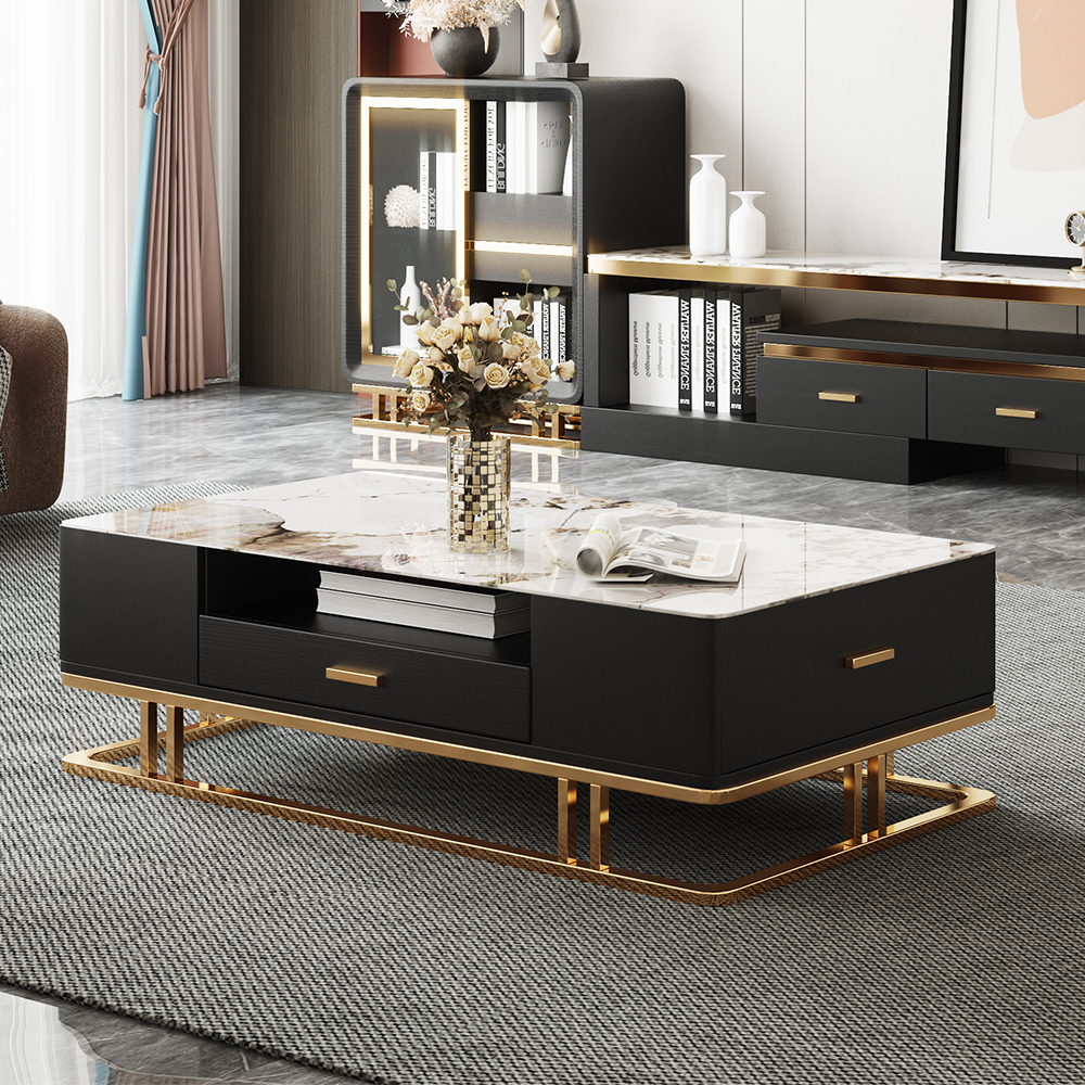 

Contemporary Rectangle Stone Top Coffee Table with 4 Drawers in White & Black