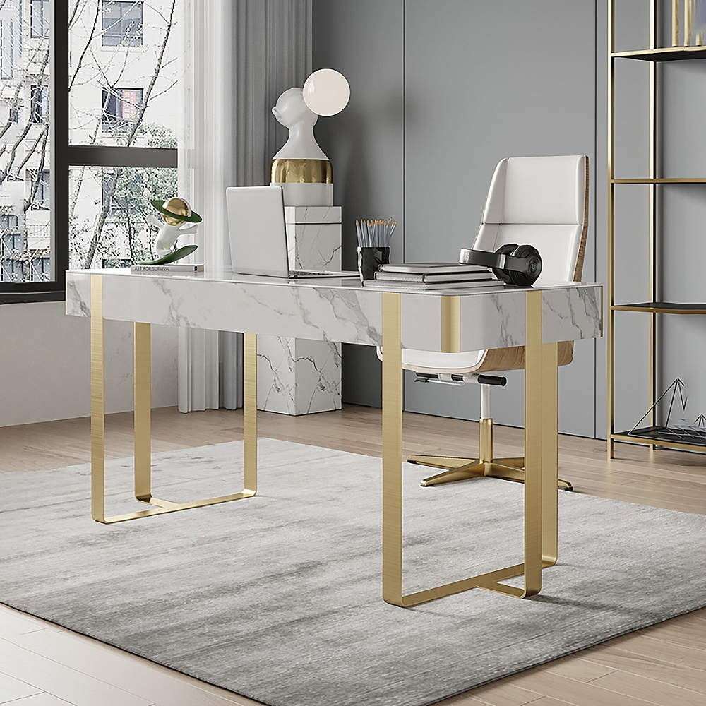 

47.2" Glossy White Modern Office Study Writing Desk with Gold Sled Base