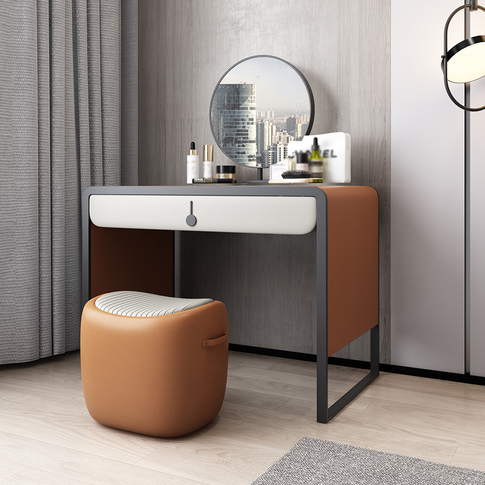 

Modern Orange Makeup Vanity Set Faux Leather Upholstered with Mirror & Stool