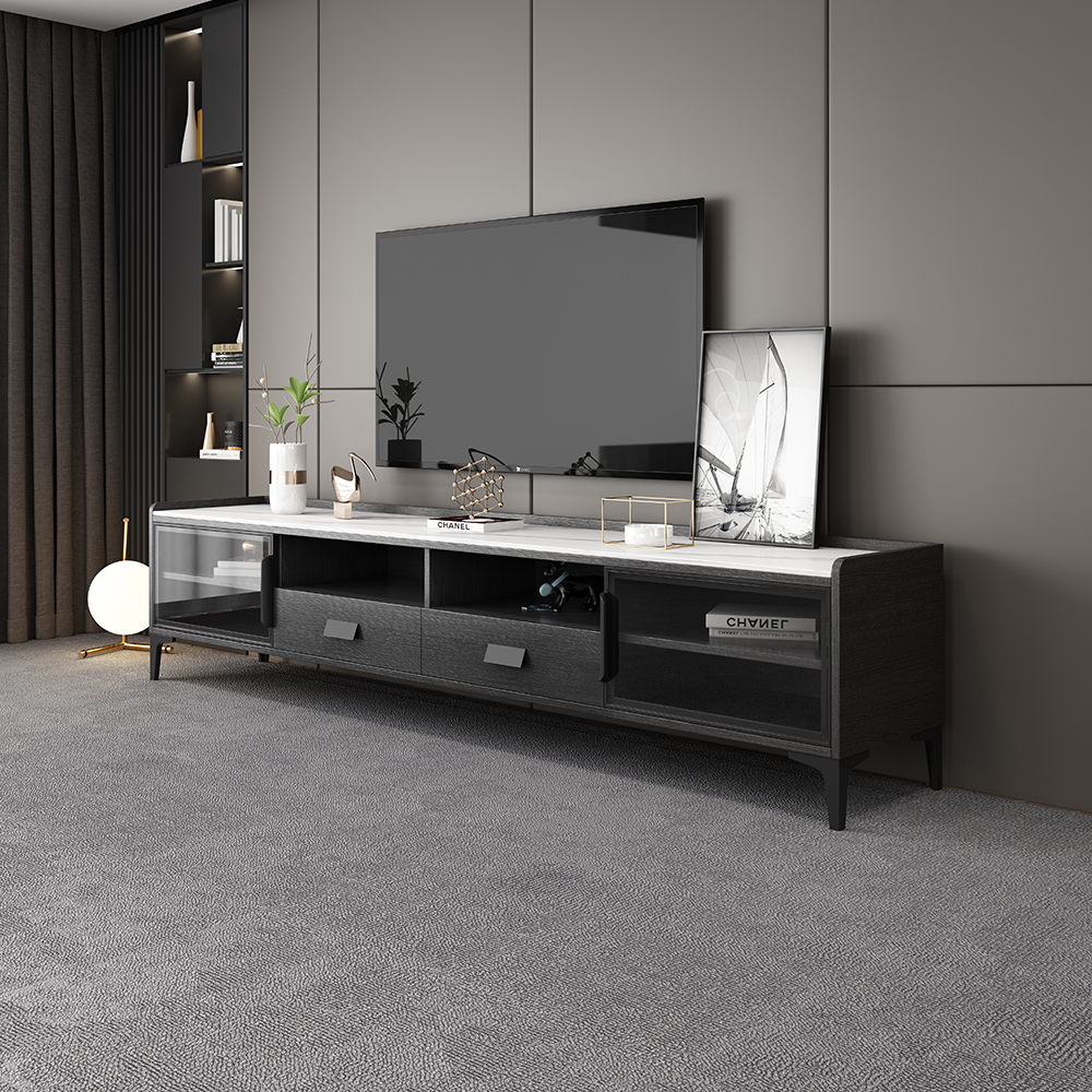 

79" Modern Black & White Stone Top TV Stand 85 Inch TV with Shelves & Drawers