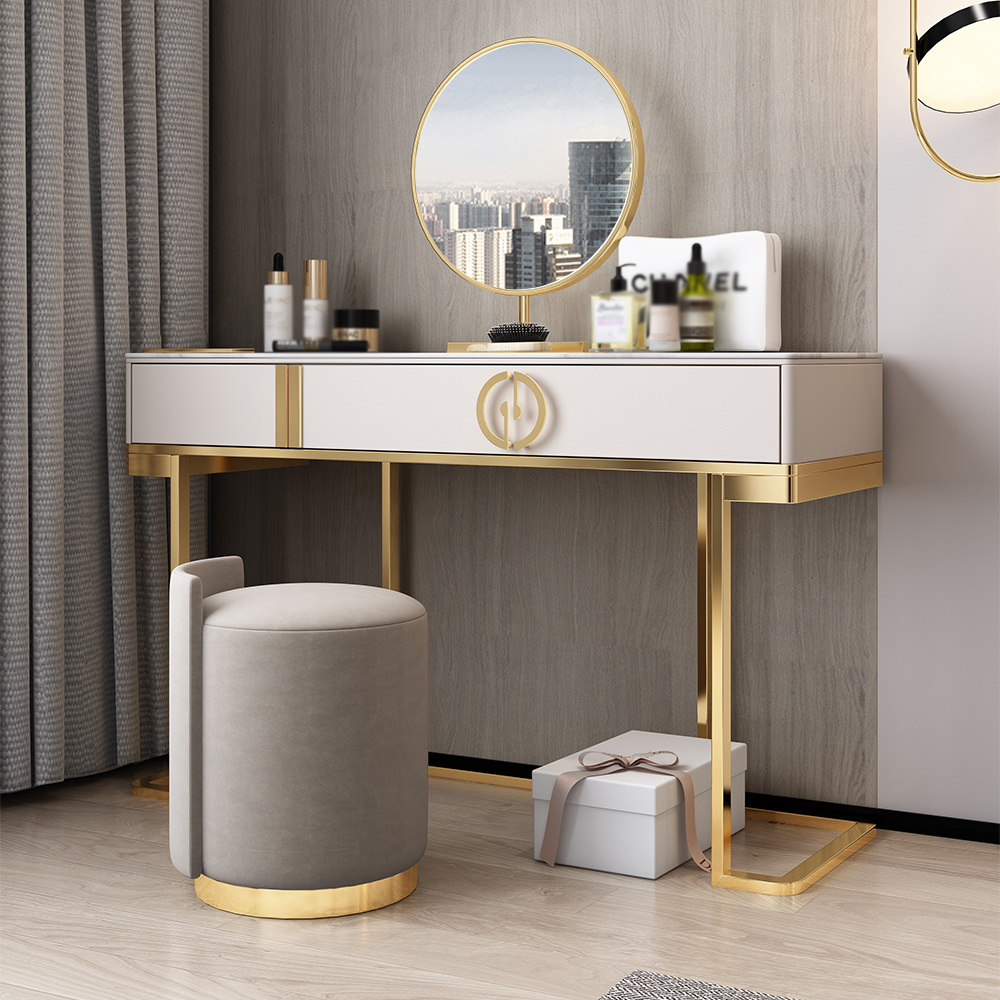 

Minimalist Rectangle White & Gray Makeup Vanity Set of 3 with Drawers