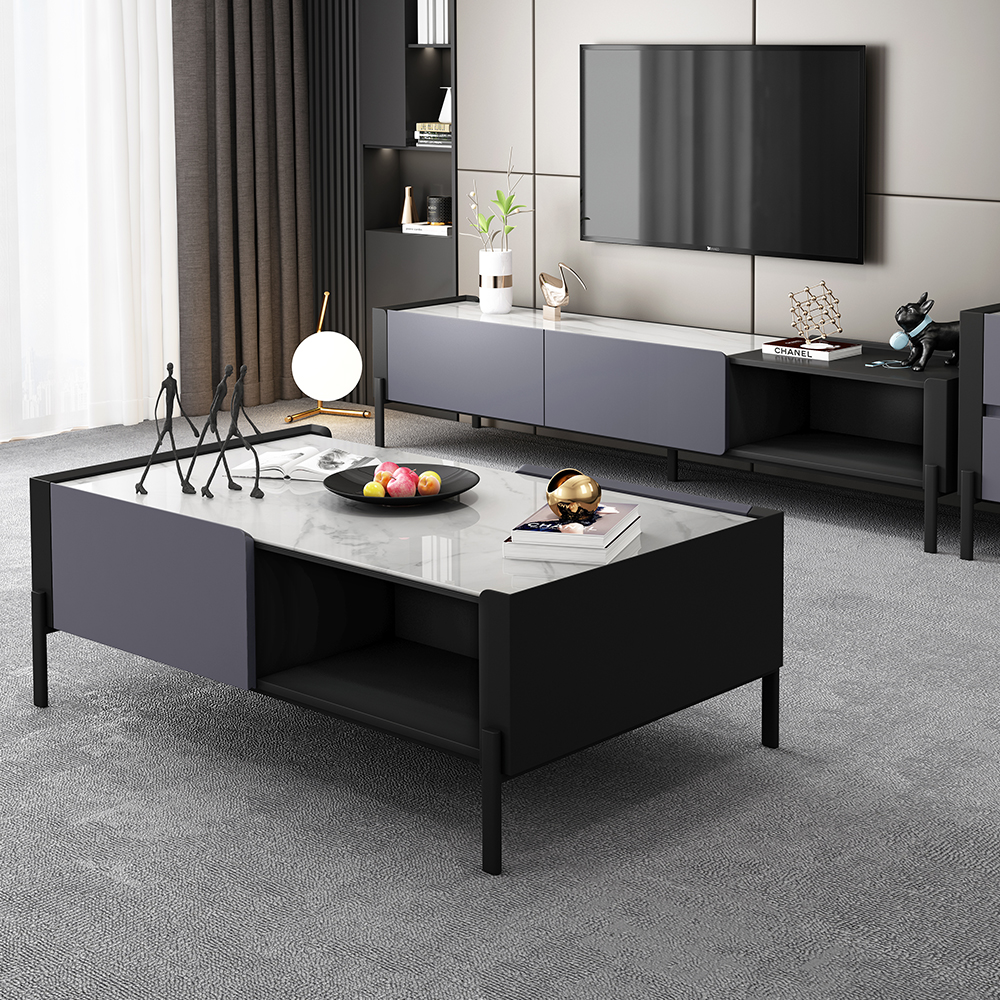 

2 Pieces Modern Gray TV Stand & Coffee Table Set for 85 Inch TV with Stone Top & Drawers