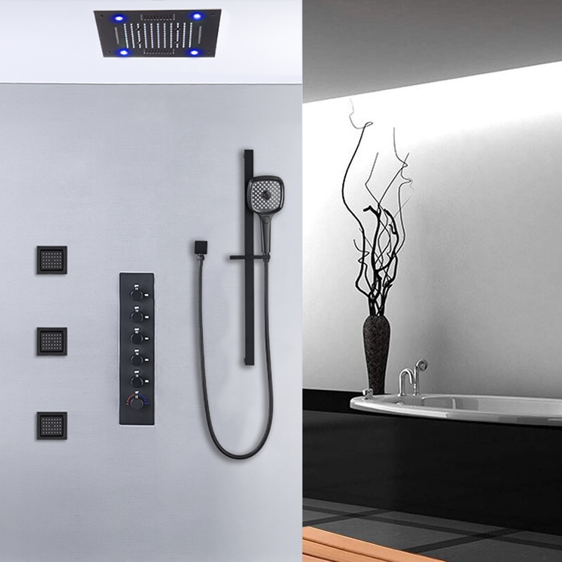 

Wall-Mounted 16" LED Shower System Waterfall 5 Functions Thermostatic with Body Sprays
