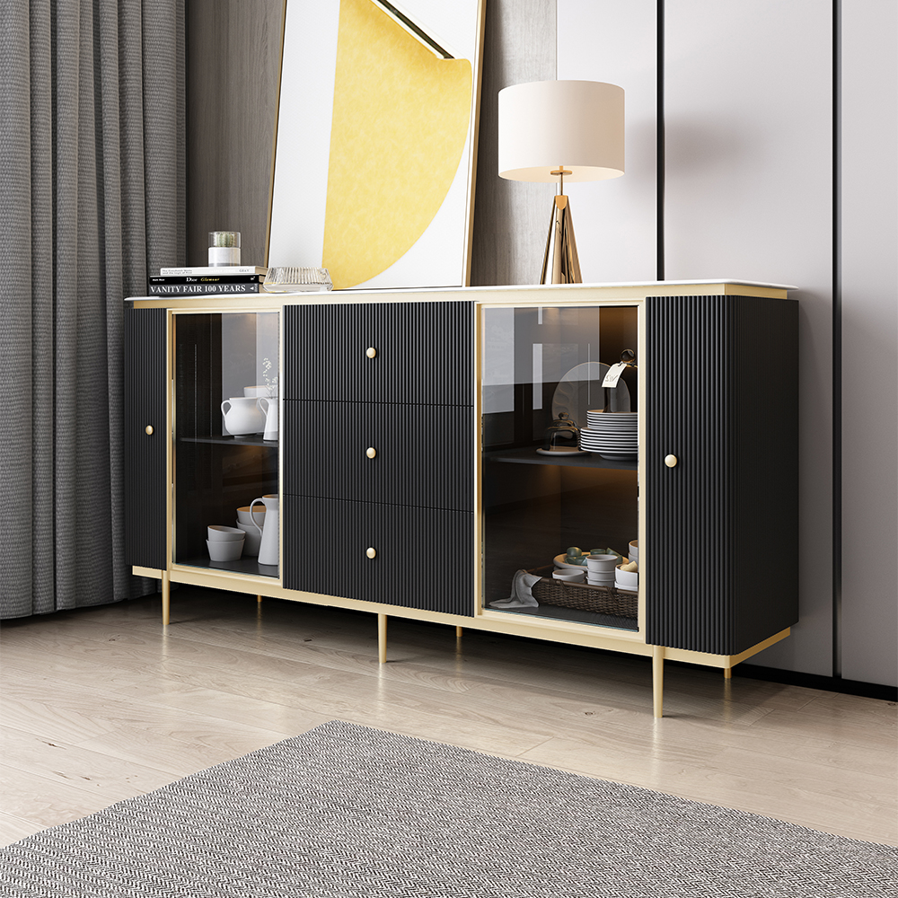 

Modern Stone Top Sideboard Buffet with Doors & Shelves in White & Black