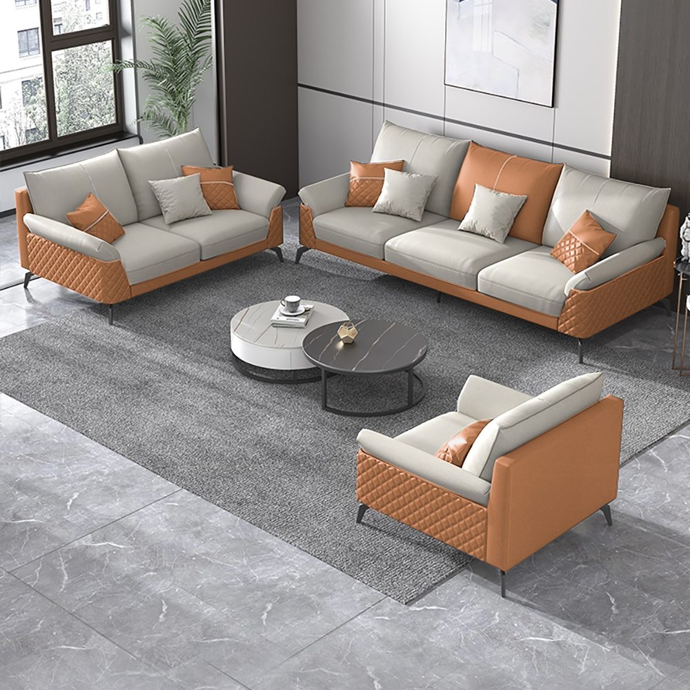 Modern Orange Leath-aire Living Room Set Of 3 Sofas & Loveseat Included