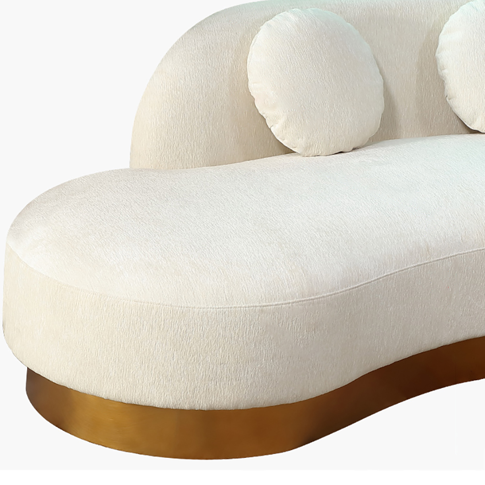 Modern White & Gold Velvet Curved Sofa for 3 Seaters with Pillows