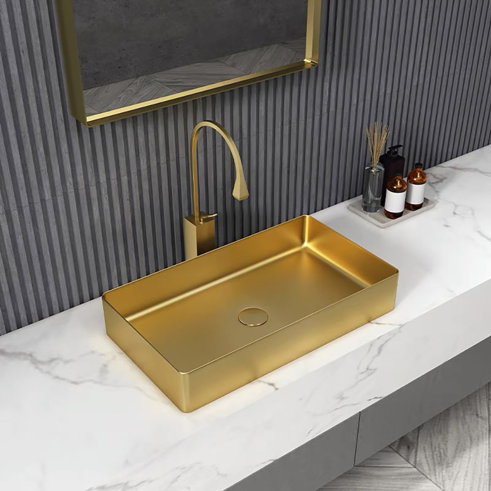Image of Contemporary Gold Rectangular Stainless Steel Vessel Sink Luxury Wash Sink