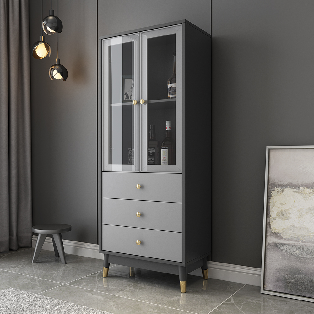 

Modern Rectangle Gray Display Cabinet with 2 Shelves & 2 Doors & 3 Drawers