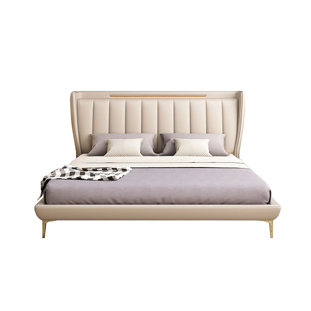 

Beige Leather Platform Bed Wingback Bed Frame with Upholstered Headboard