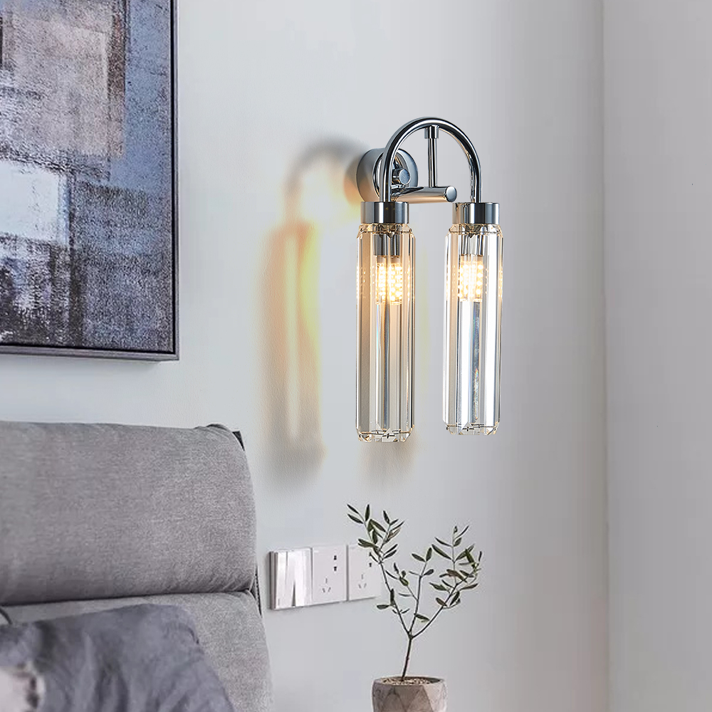 

Chrome Metal Wall Light 2-Light Crystal Wall Mount Armed Sconce