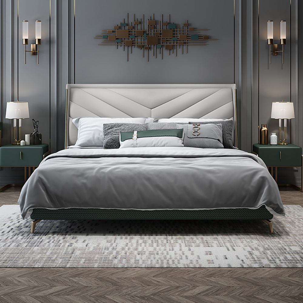 

Beige Leather Platform Bed Wingback Bed Frame with Upholstered Headboard
